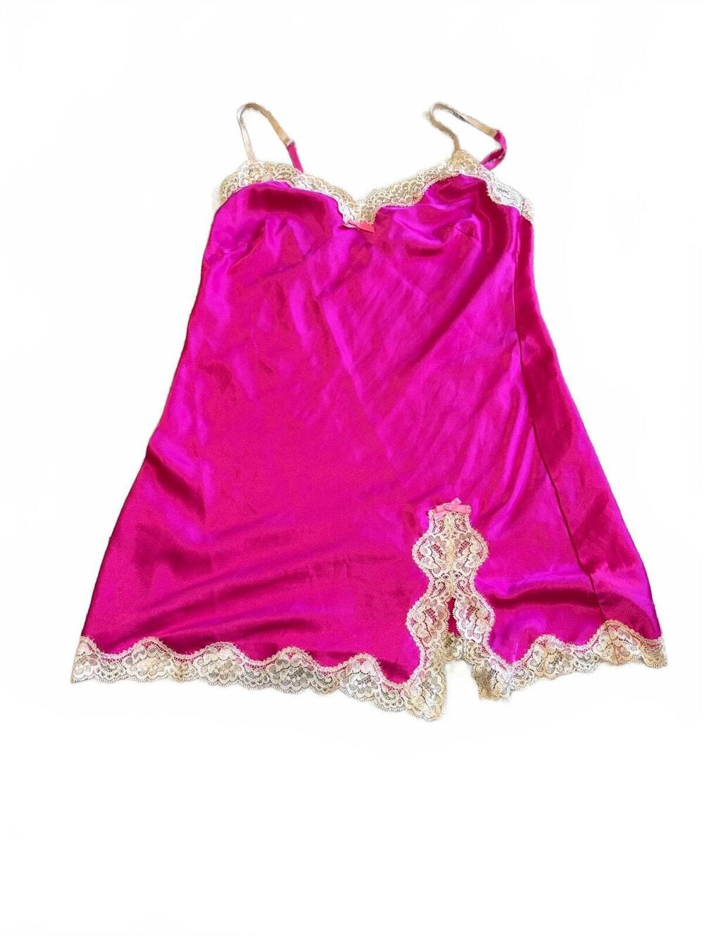 Vintage Y2K Victoria's Secret Ribbon Tag Hot Pink Satin Lace Slip Dress XS